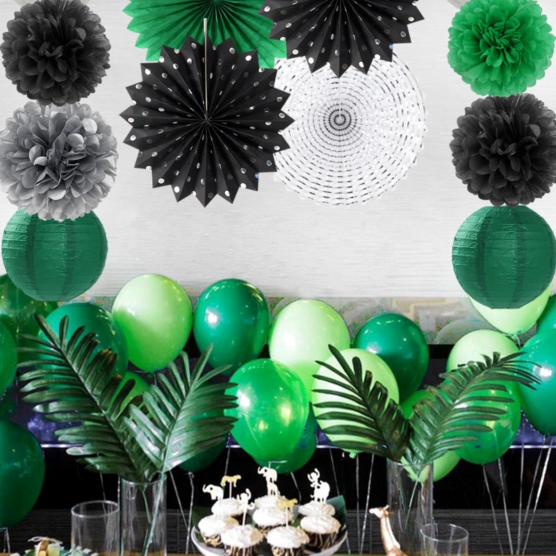 burgleda Black Green Silver Football Party-Decorations - 20pcs Soccer Theme Graduation Paper Lanterns Fans,Tissue Pom Poms,Honeycomb Balls,Men Boys Birthday Sports Spring Jungle Baby Shower Decor Burgleda - Image 4